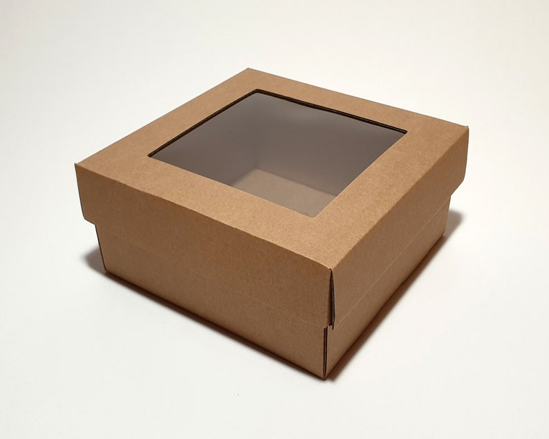 Kraft Cardboard Gift Box with Clear Window Lid, Square, Two-Piece image 1